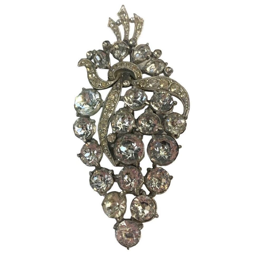 Vintage Rare Staret 1940s 3.75" Silvertone Rhinestone Grape Brooch